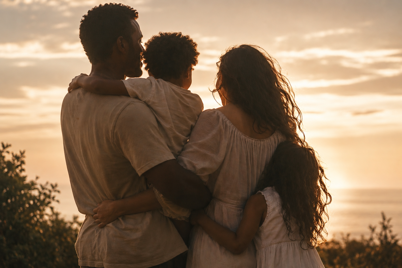 A foster or adoptive family embracing together, representing the families supported by Redeemed Arrow membership.